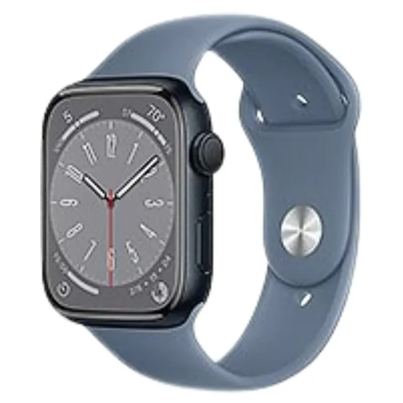 Close-up of Apple Watch Series 8 aluminum model with fitness rings displayed